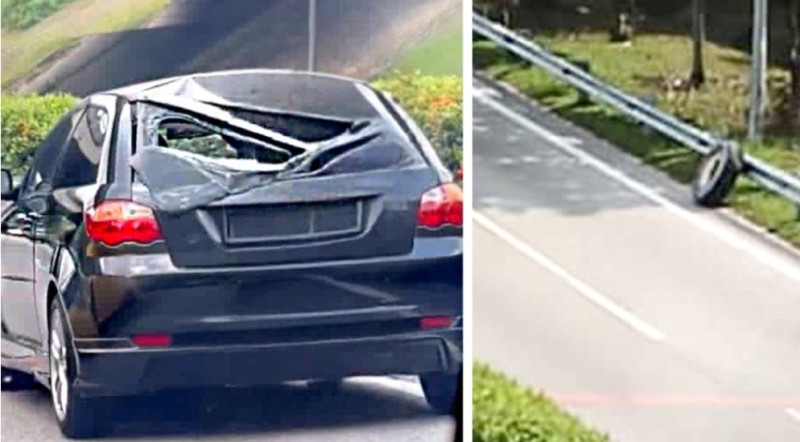 Runaway lorry tyre flies off SKVE flyover, smashes into Proton Satria 