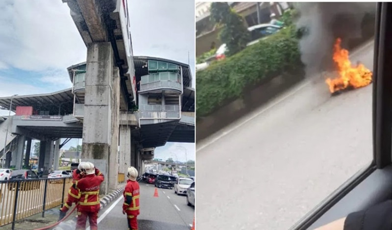 Monorail train tyre catches fire, falls onto road 