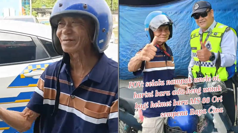 Traffic cops gift uncle a new helmet for Chinese New Year