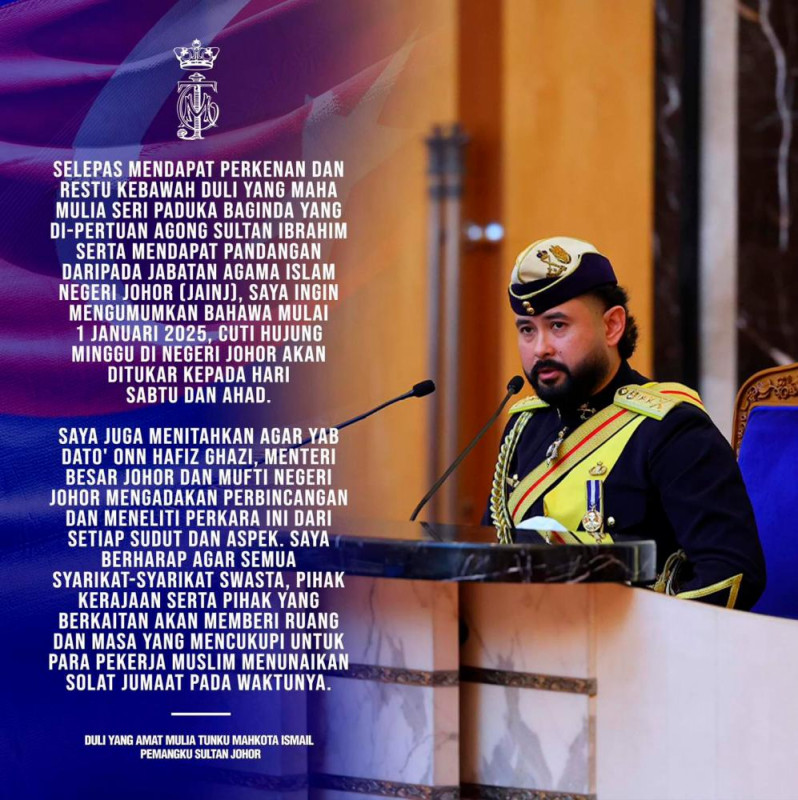 Johor to revert its weekend to Saturday and Sunday from Jan 1