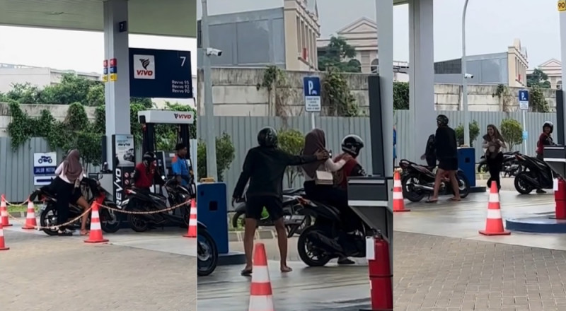 Busy with her phone, woman gets on wrong motorcycle at fuel station